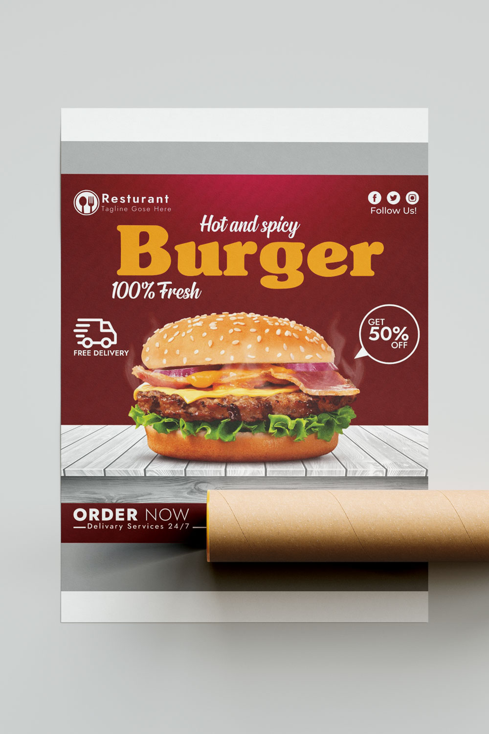 A hot and spicy burger social media template pinterest preview image.