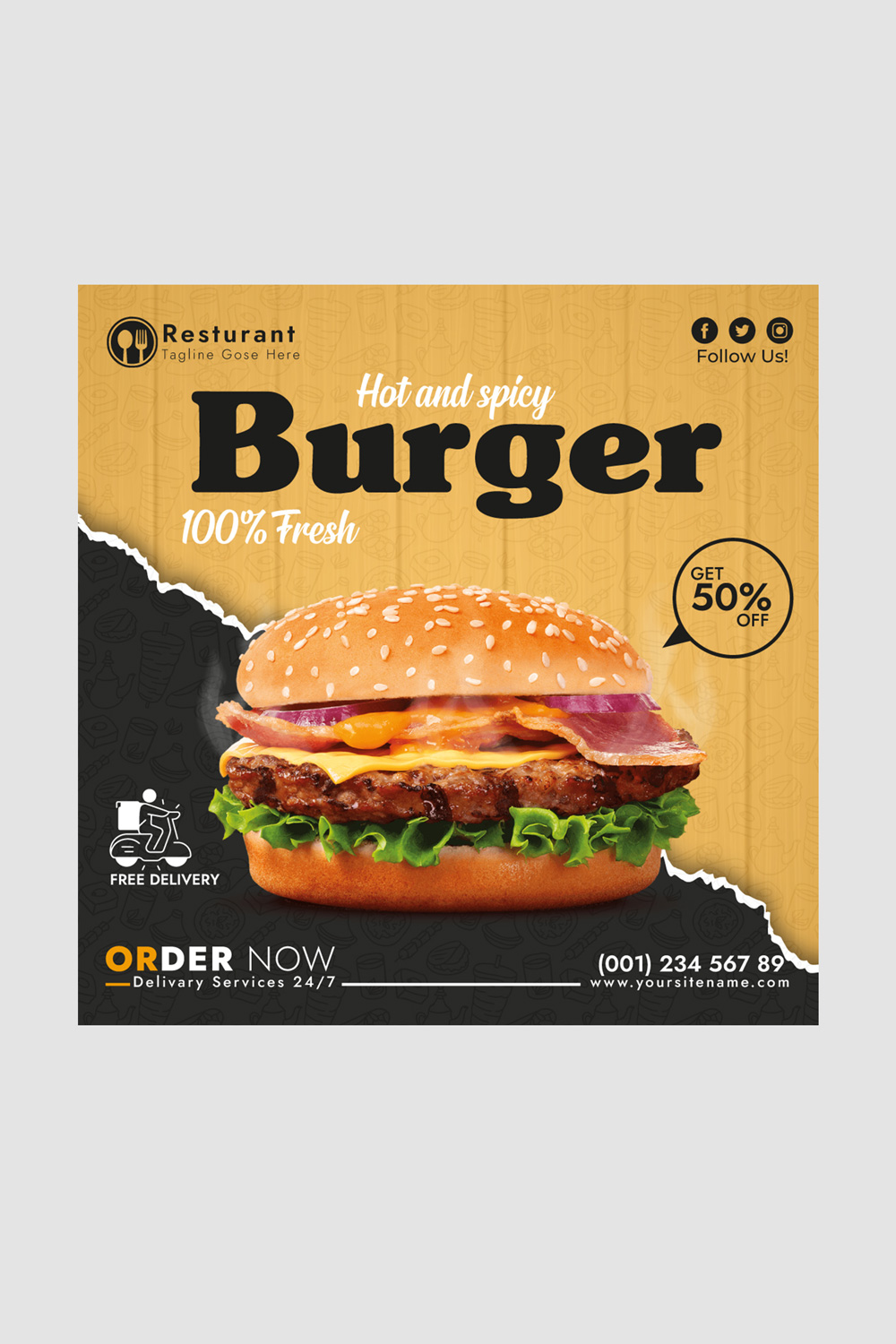 Social media template for a hot and spicy burger pinterest preview image.