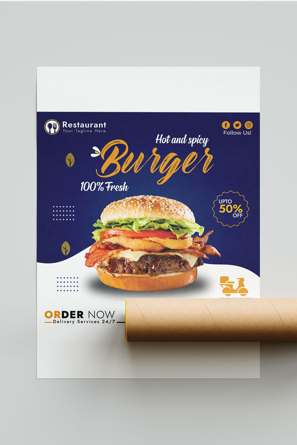 Social media template for a hot and spicy burger pinterest preview image.