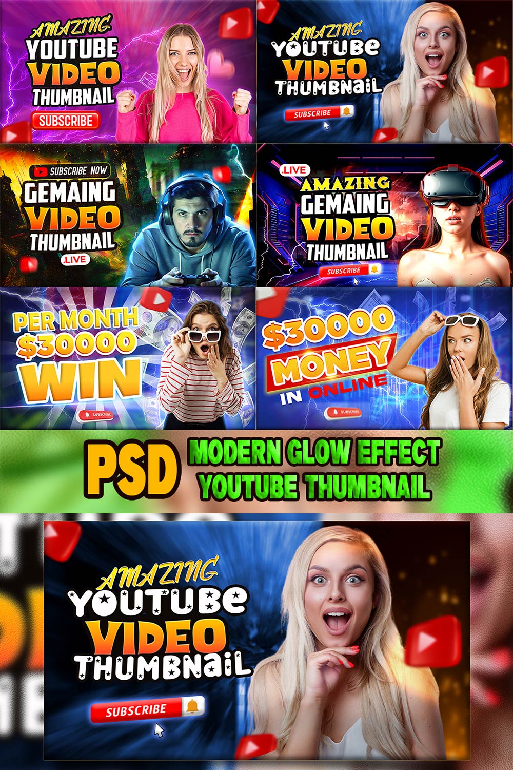 PSD Modern glow effect youtube video thumbnail template design fully editable pinterest preview image.