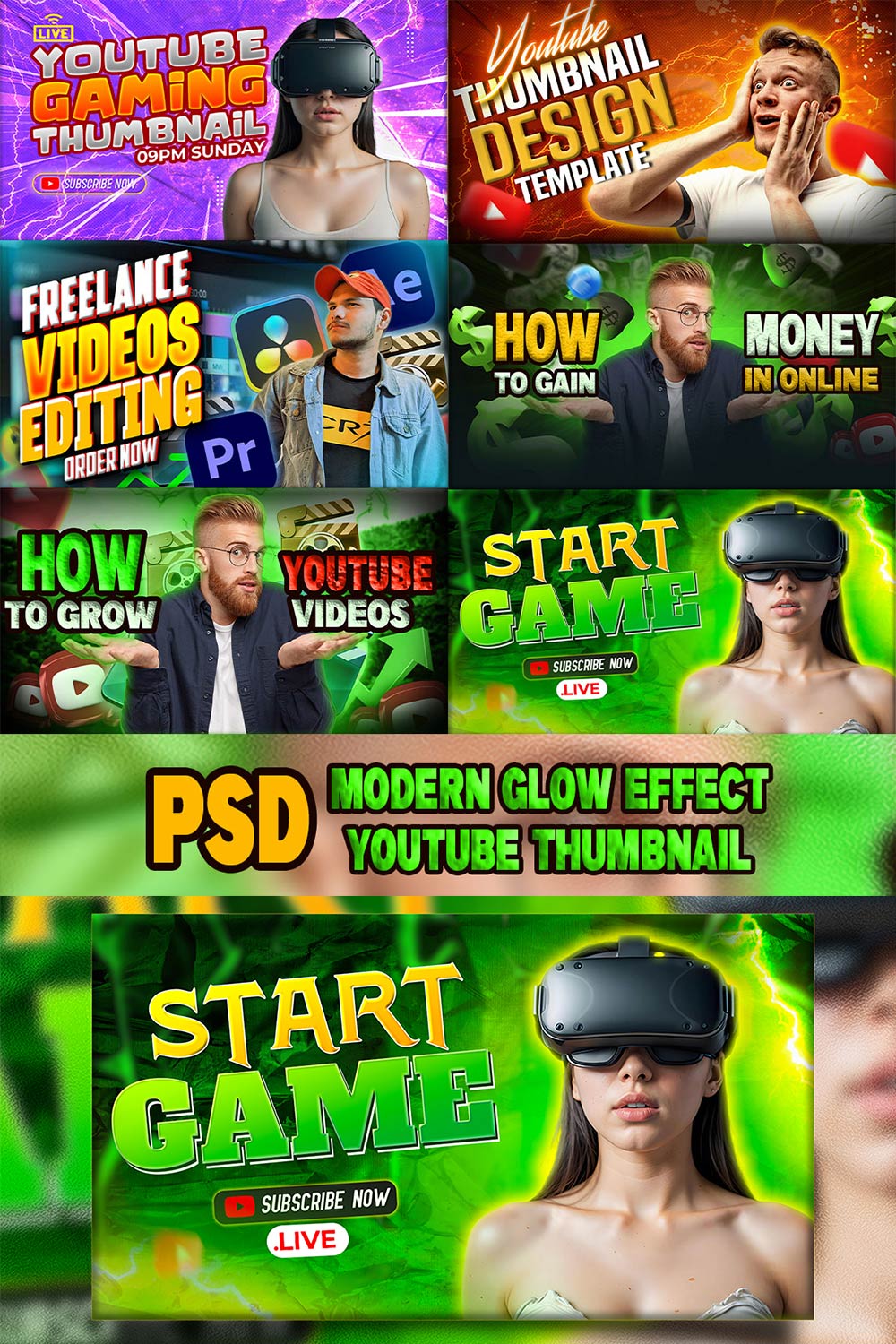 PSD Modern glow effect youtube video thumbnail template design fully editable pinterest preview image.