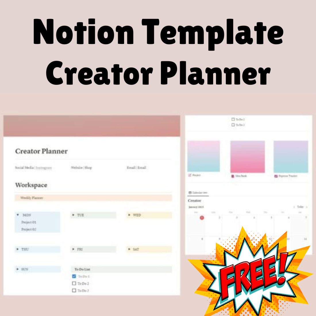 Creator Planner NOTION TEMPLATE preview image.