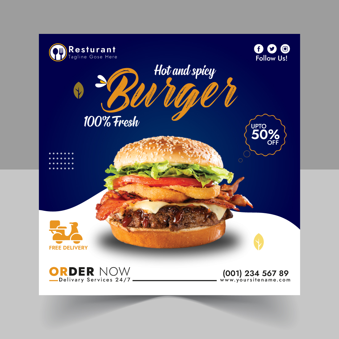 Social media template for a hot and spicy burger cover image.