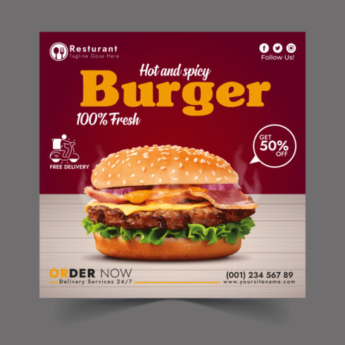 Social media template for a hot and spicy burger cover image.