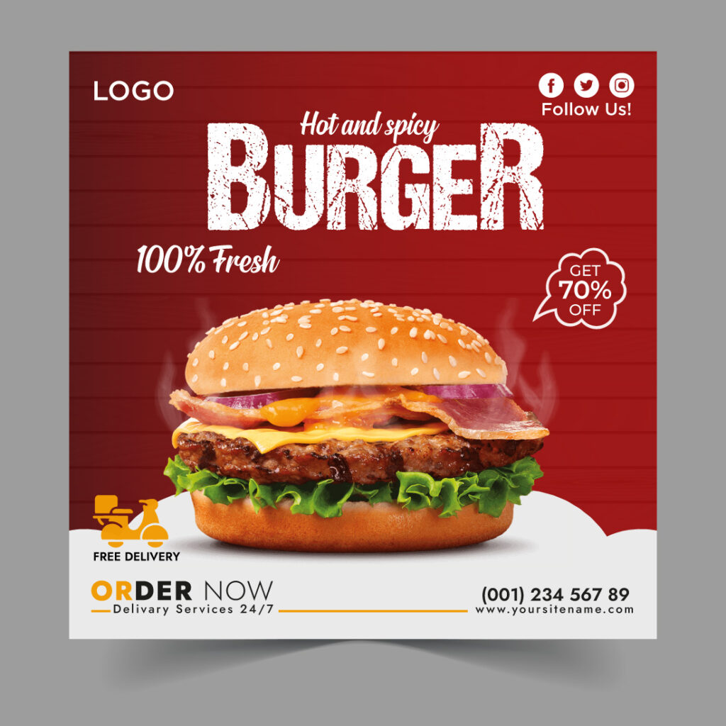 Social media template for a hot and spicy burger - MasterBundles