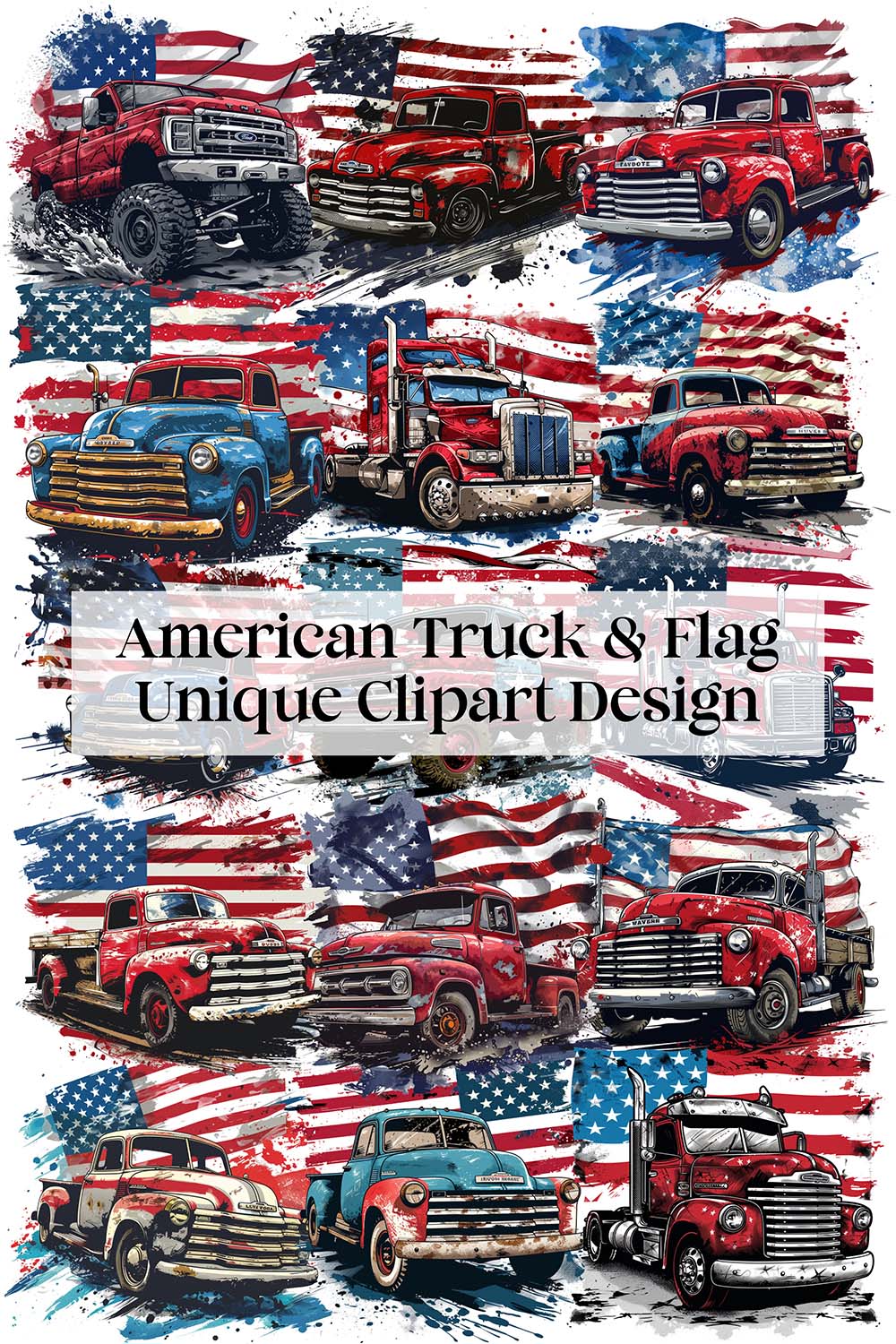 Unique American Truck and Flag Clipart Bundle pinterest preview image.