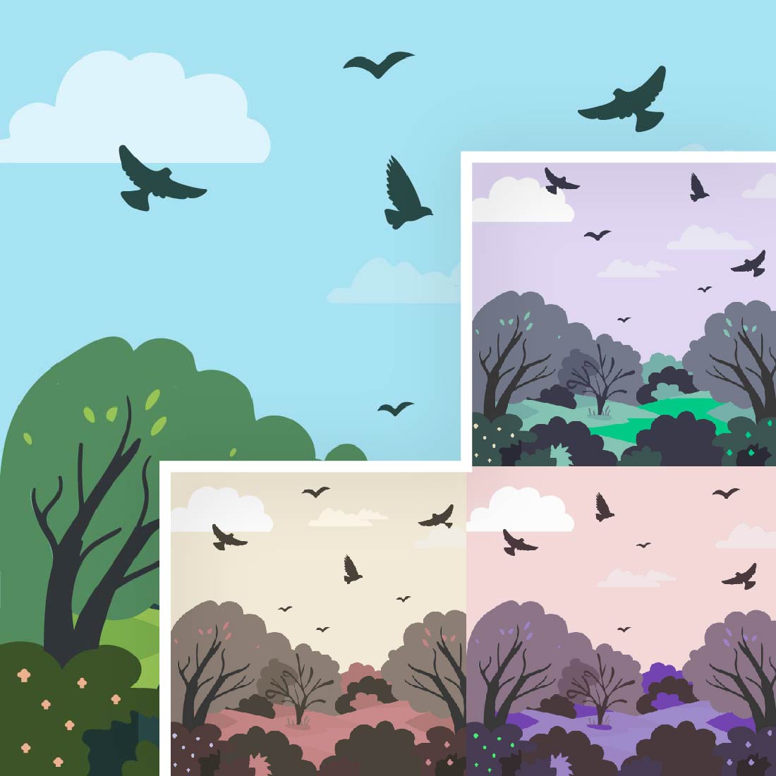 Illustration_of_park_Blank_nature, flowers, nature, vector, 4 color varients, editable preview image.