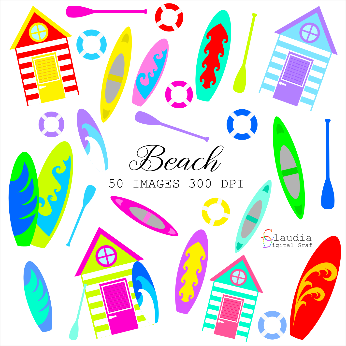 50 Summer beach Clip Art, Beach Hut Nautical, Colorful Surfboards, Vacation Icons, Hot Summer Vacation, Sport in the Waves, Digital PNG cover image.