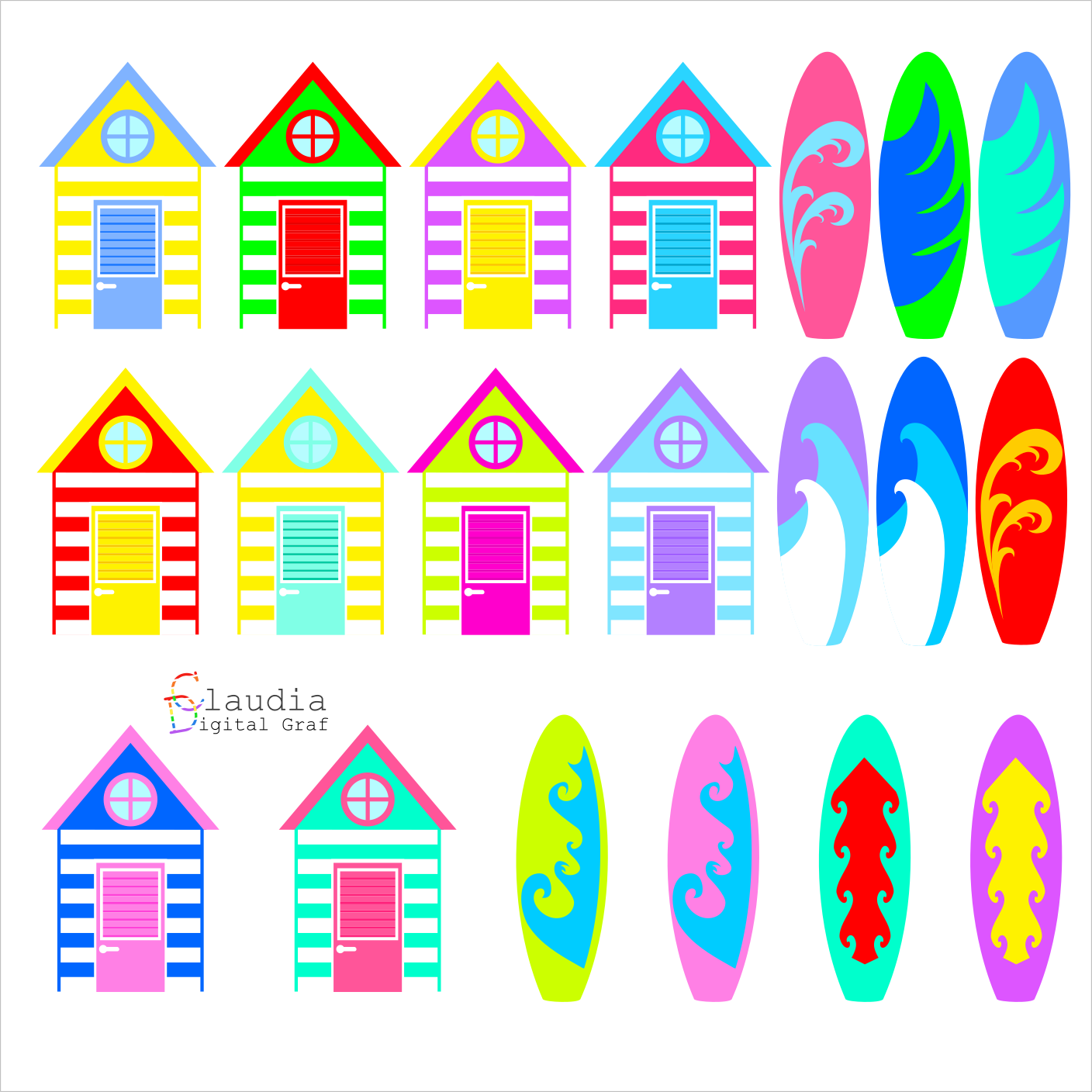 50 Summer beach Clip Art, Beach Hut Nautical, Colorful Surfboards, Vacation Icons, Hot Summer Vacation, Sport in the Waves, Digital PNG preview image.