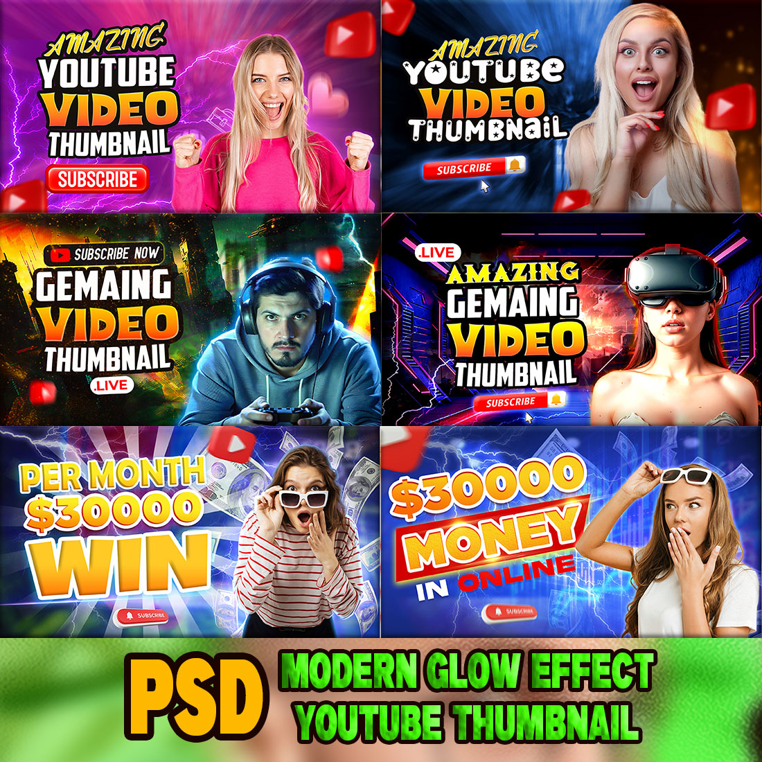 PSD Modern glow effect youtube video thumbnail template design fully editable preview image.