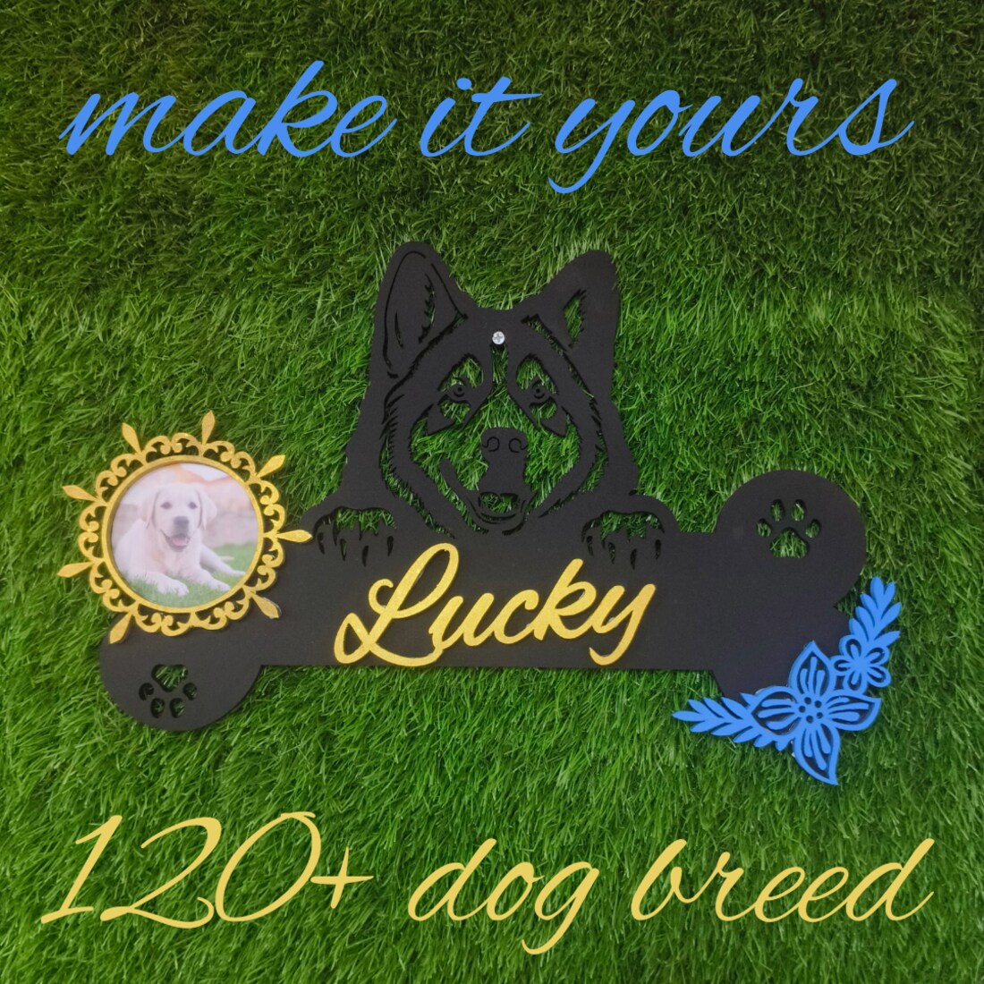 laser cut 120+ dog breed wall hanging with photo frame name custom svg, dxf design preview image.