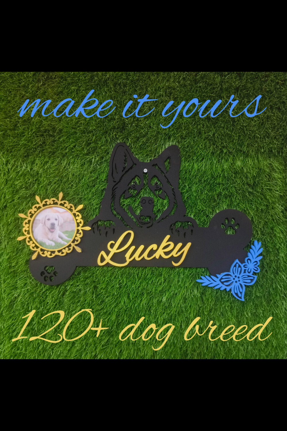 laser cut 120+ dog breed wall hanging with photo frame name custom svg, dxf design pinterest preview image.