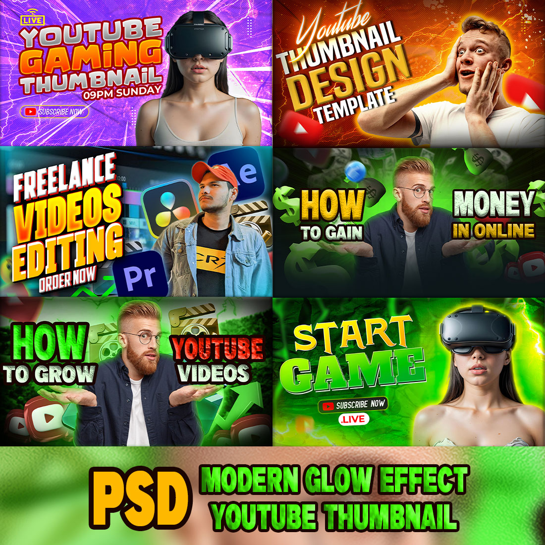 PSD Modern glow effect youtube video thumbnail template design fully editable preview image.