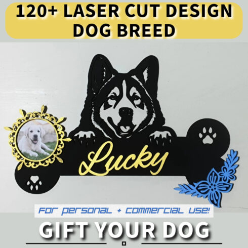 laser cut 120+ dog breed wall hanging with photo frame name custom svg, dxf design cover image.