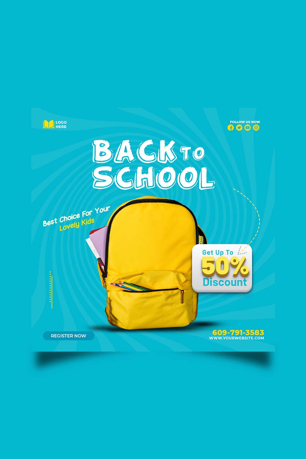 Back to school admission media post design template pinterest preview image.