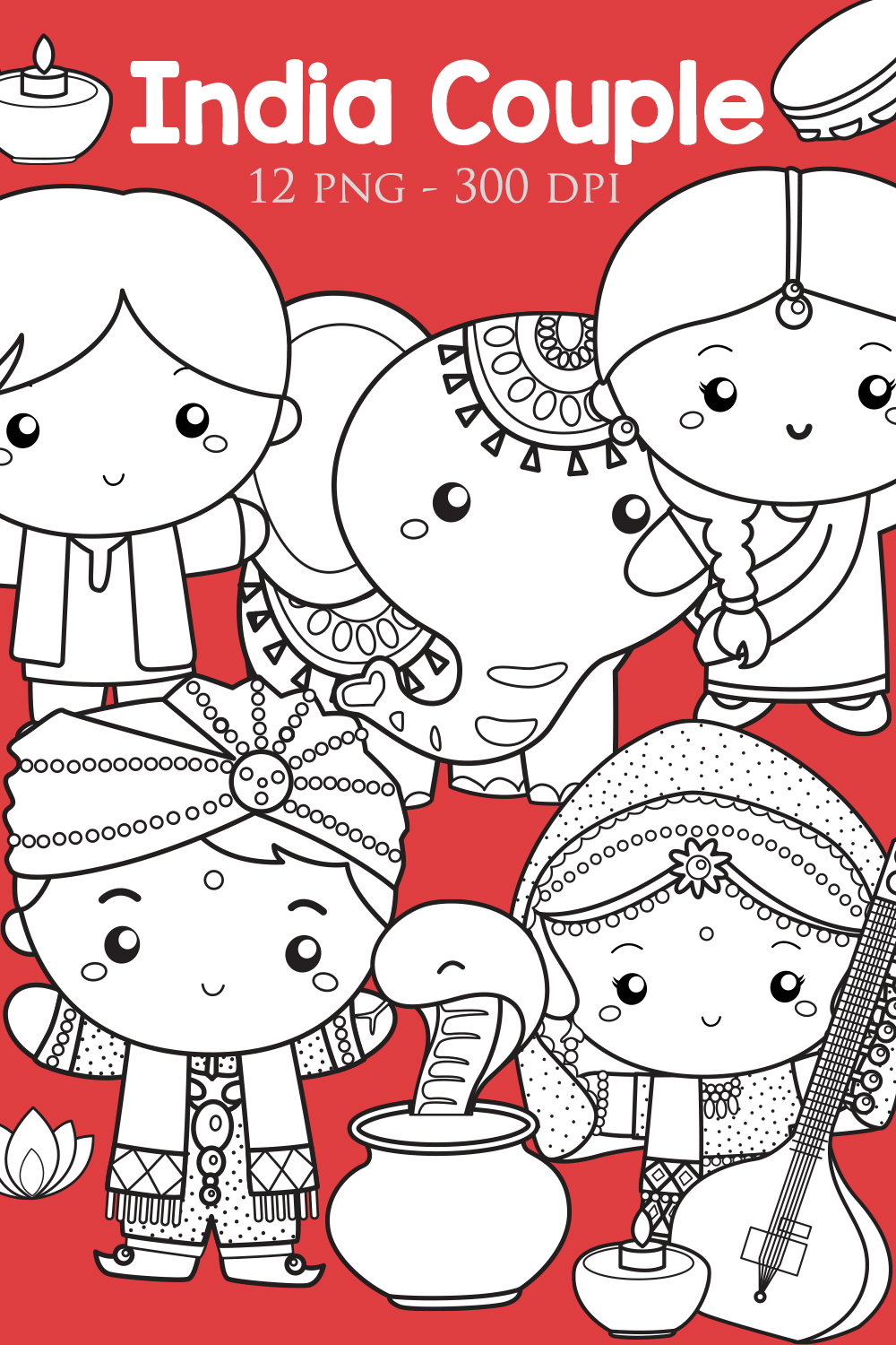 Cute India Couple Kids Boy Girl Wearing Traditional Classic Costume Culture Bollywood with Instrument Musical and Elephant Snake Animal Diwali Celebration Event Cartoon Digital Stamp Outline Black and White pinterest preview image.