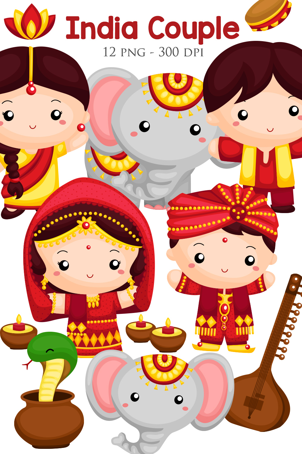 Cute India Couple Kids Boy Girl Wearing Traditional Classic Costume Culture Bollywood with Instrument Musical and Elephant Snake Animal Diwali Celebration Event Cartoon Illustration Vector Clipart Sticker Decoration Background pinterest preview image.