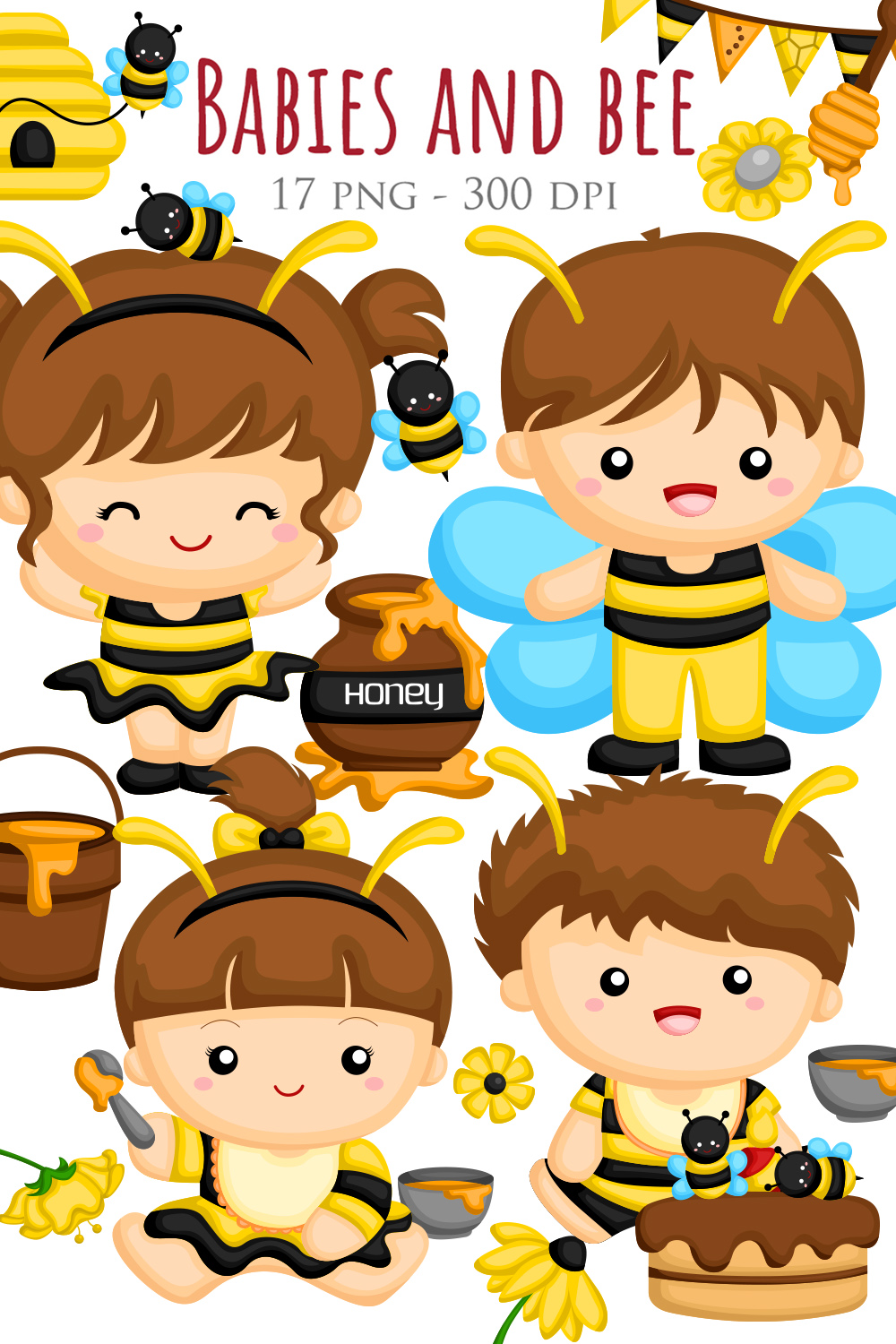 Cute Babies Kids Boy Girl Wearing Bee Animal Costume for Celebration Cartoon Illustration Vector Clipart Sticker Decoration Background pinterest preview image.