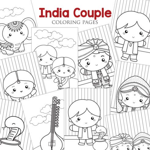 Cute India Couple Kids Boy Girl Wearing Traditional Classic Costume Culture Bollywood with Instrument Musical and Elephant Snake Animal Diwali Celebration Event Cartoon Coloring Activity for Kids and Adult cover image.