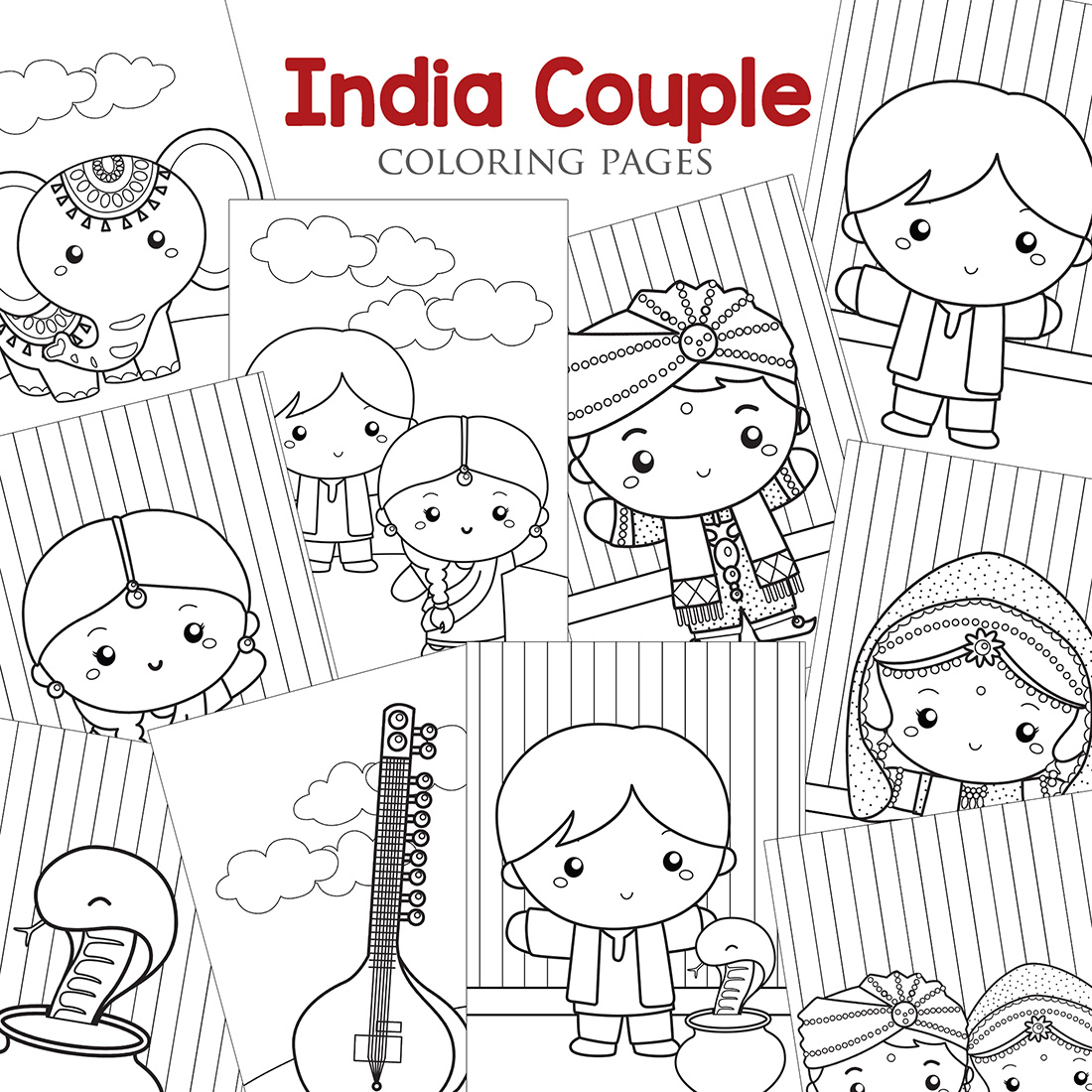 Cute India Couple Kids Boy Girl Wearing Traditional Classic Costume Culture Bollywood with Instrument Musical and Elephant Snake Animal Diwali Celebration Event Cartoon Coloring Activity for Kids and Adult cover image.