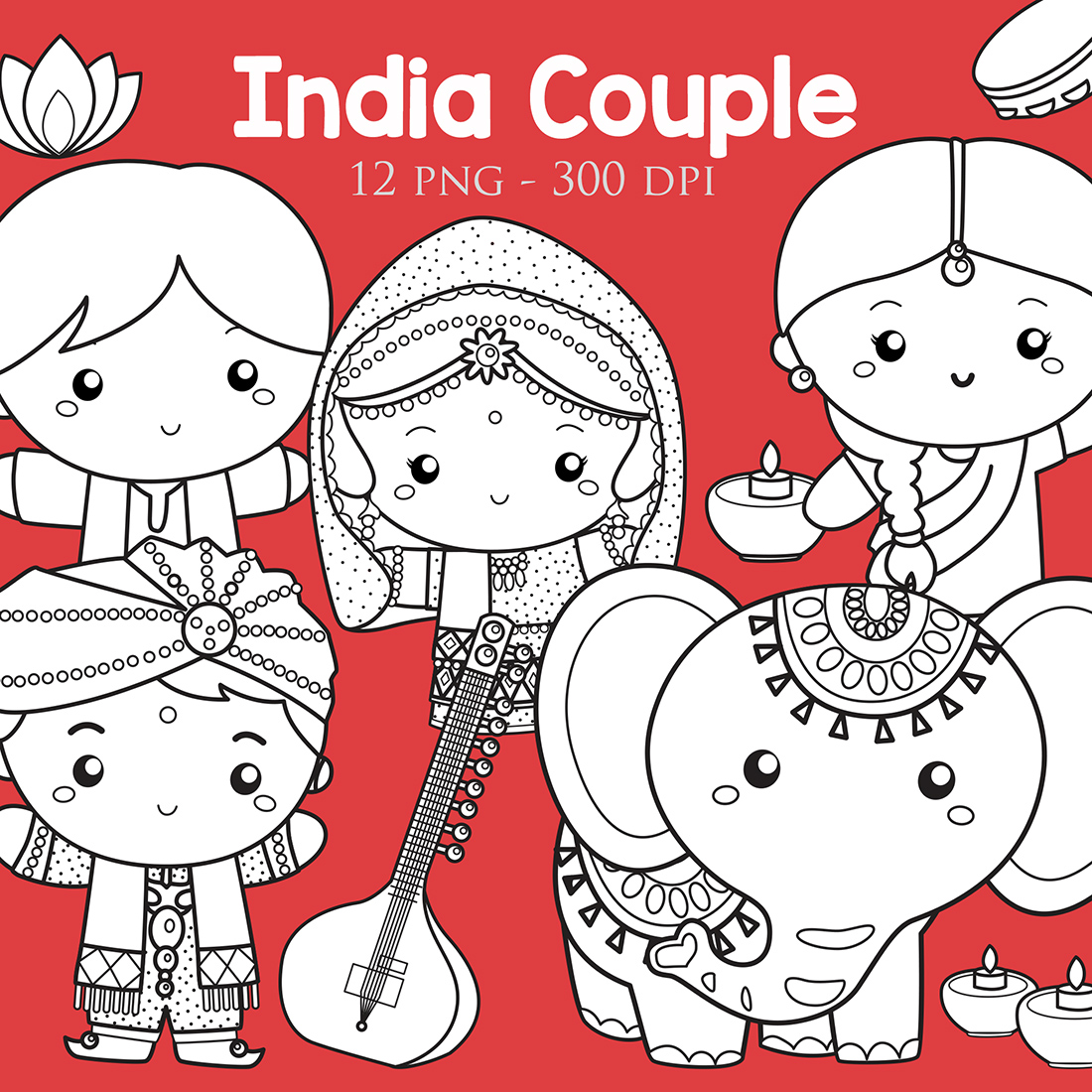 Cute India Couple Kids Boy Girl Wearing Traditional Classic Costume Culture Bollywood with Instrument Musical and Elephant Snake Animal Diwali Celebration Event Cartoon Digital Stamp Outline Black and White cover image.