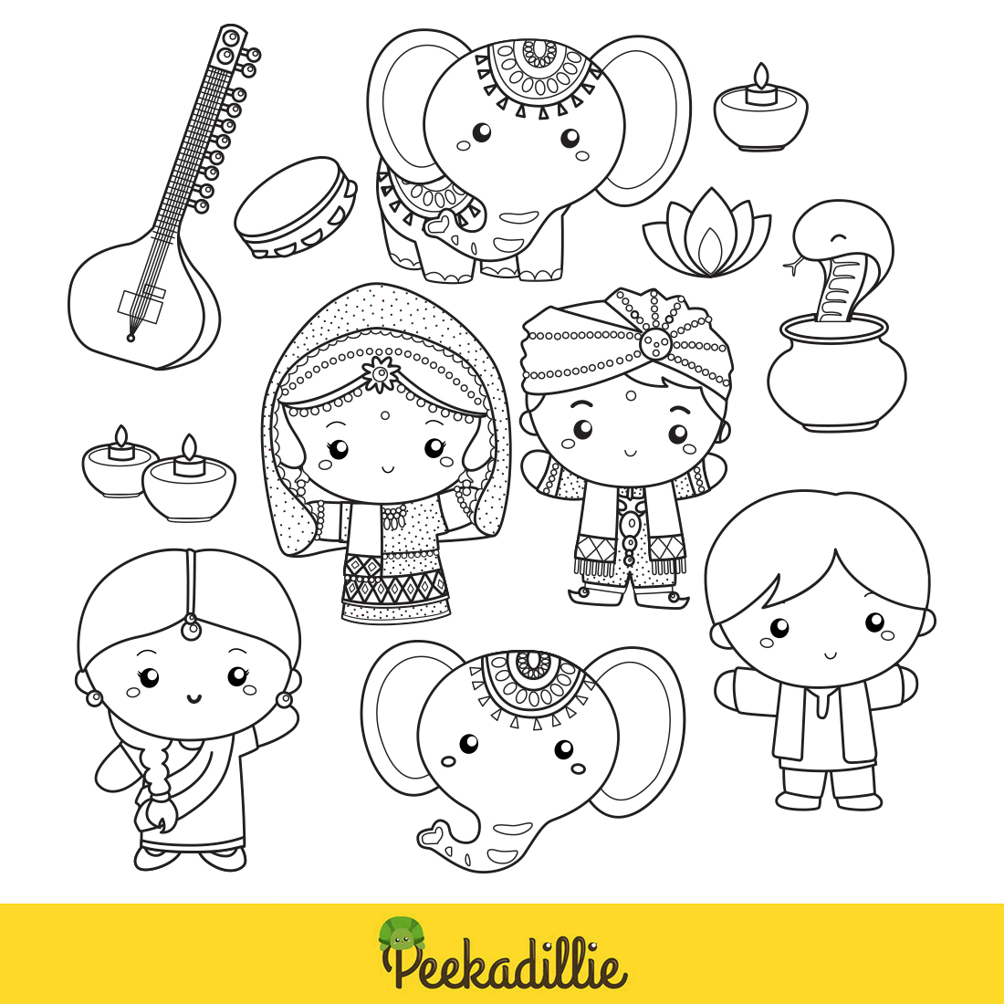 Cute India Couple Kids Boy Girl Wearing Traditional Classic Costume Culture Bollywood with Instrument Musical and Elephant Snake Animal Diwali Celebration Event Cartoon Digital Stamp Outline Black and White preview image.