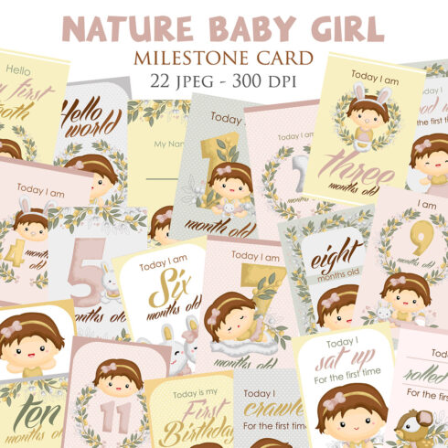 Cute Nature Baby Girl Milestone Card Invitation Baby Shower Celebration Birthday Monthly Newborn Illustration Vector Clipart Sticker Decoration Background cover image.