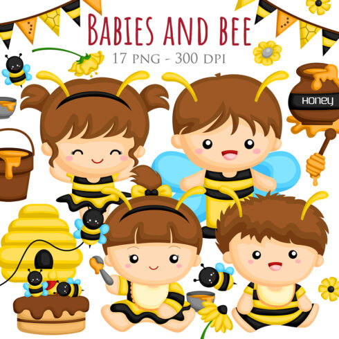 Cute Babies Kids Boy Girl Wearing Bee Animal Costume for Celebration Cartoon Illustration Vector Clipart Sticker Decoration Background cover image.