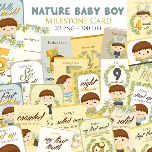 Cute Nature Baby Boy Milestone Card Invitation Baby Shower Celebration Birthday Monthly Newborn Illustration Vector Clipart Sticker Decoration Background cover image.