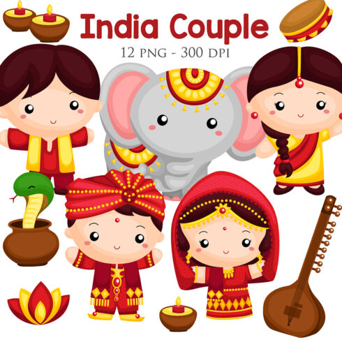 Cute India Couple Kids Boy Girl Wearing Traditional Classic Costume Culture Bollywood with Instrument Musical and Elephant Snake Animal Diwali Celebration Event Cartoon Illustration Vector Clipart Sticker Decoration Background cover image.