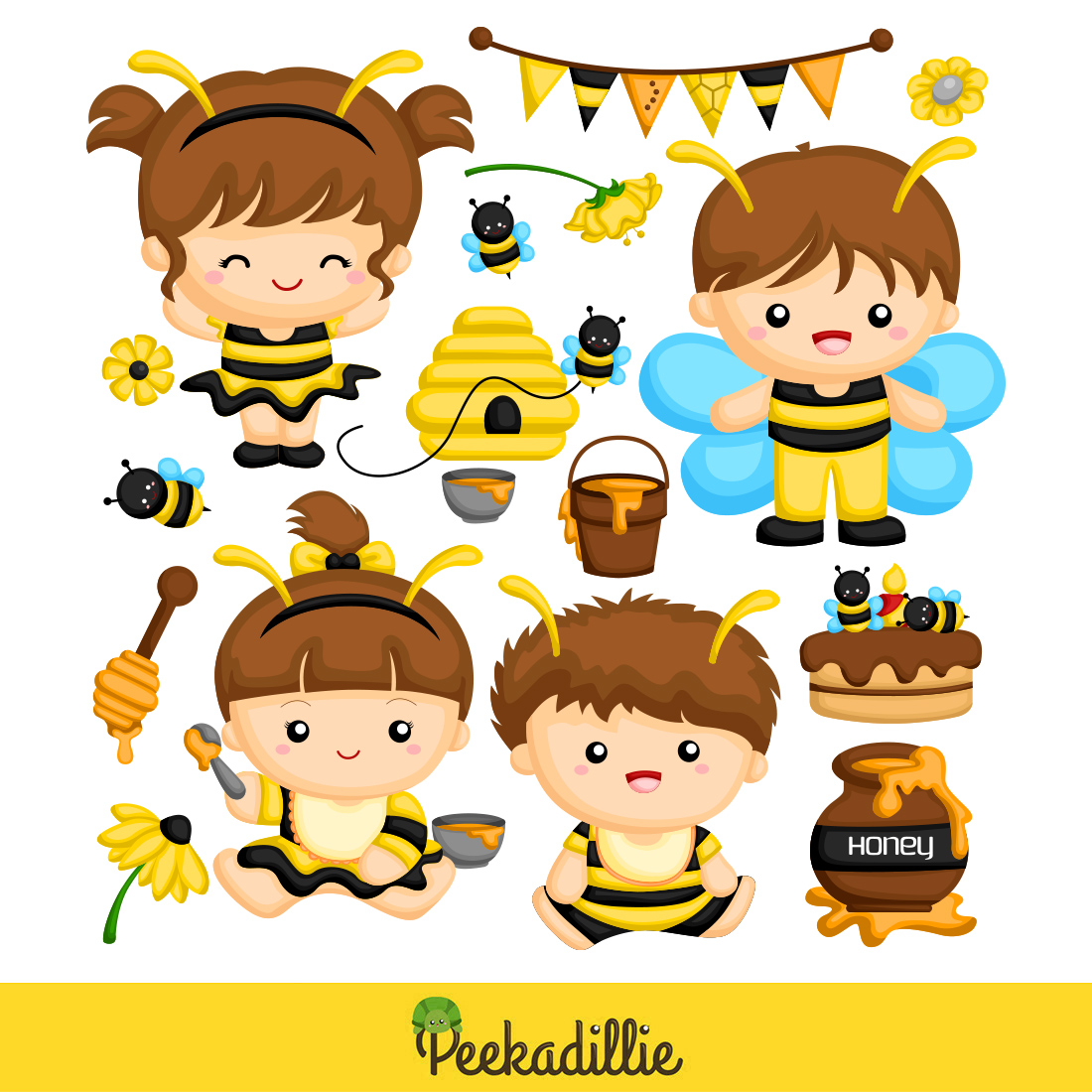 Cute Babies Kids Boy Girl Wearing Bee Animal Costume for Celebration Cartoon Illustration Vector Clipart Sticker Decoration Background preview image.