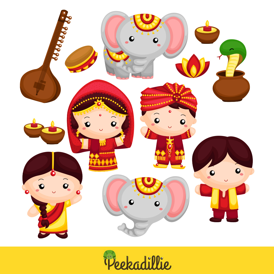 Cute India Couple Kids Boy Girl Wearing Traditional Classic Costume Culture Bollywood with Instrument Musical and Elephant Snake Animal Diwali Celebration Event Cartoon Illustration Vector Clipart Sticker Decoration Background preview image.