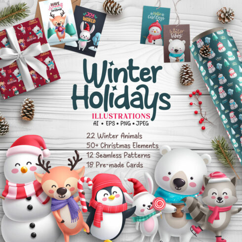 Winter Holiday Animals Illustration Bundle cover image.