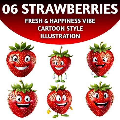 6 Cartoon illustration of strawberry character with a joyful smile, featuring a vivid red body and green cap, exuding a playful vibe cover image.