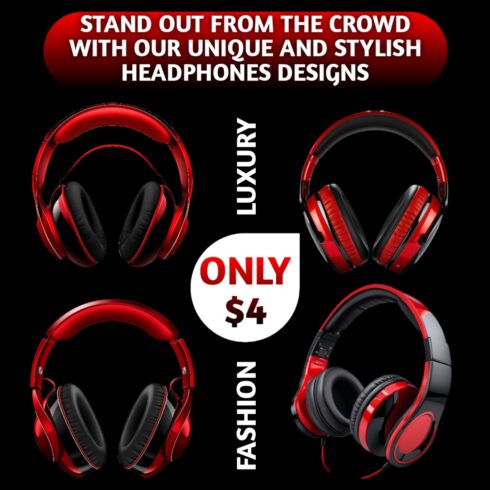 4 headphones images, dark background, luxury and soft vibe, high resolution transparent image cover image.