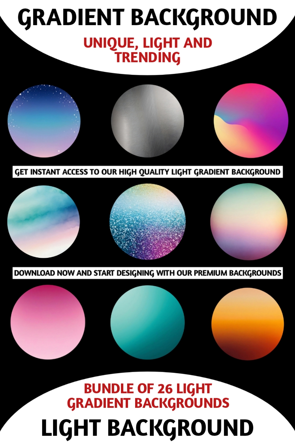 Bundle of 26 Gradient background images, light background color, backgrounds, high resolution pinterest preview image.