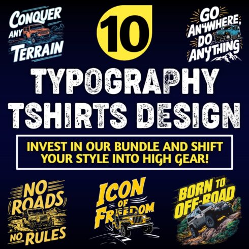 Typography tshirts design bundle, 10 jeeps illustrations cover image.