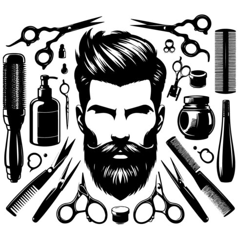 Black and white saloon equipment illustration and black and white men face illustration with stylish beard and hair on a clean white background cover image.