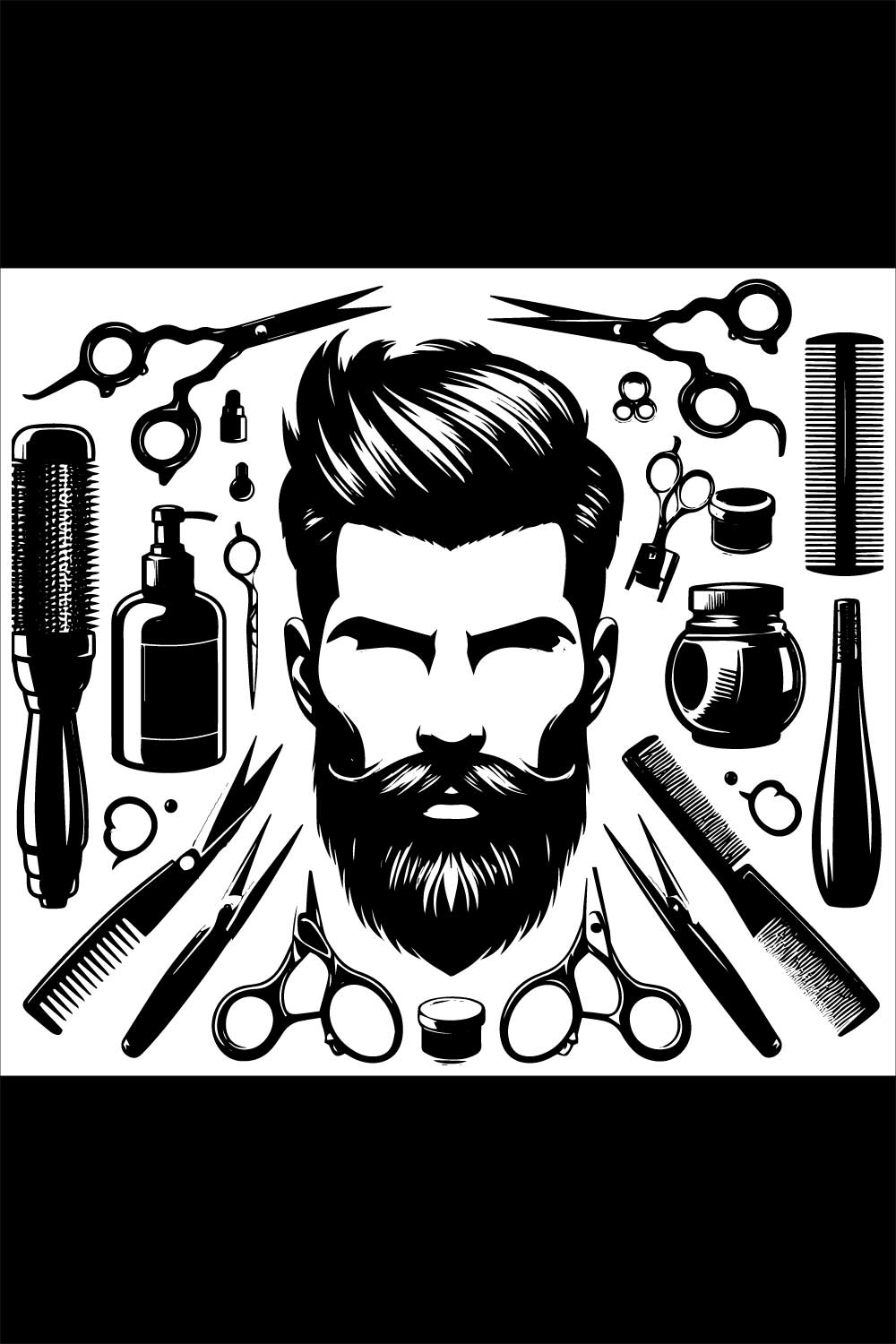 Black and white saloon equipment illustration and black and white men face illustration with stylish beard and hair on a clean white background pinterest preview image.