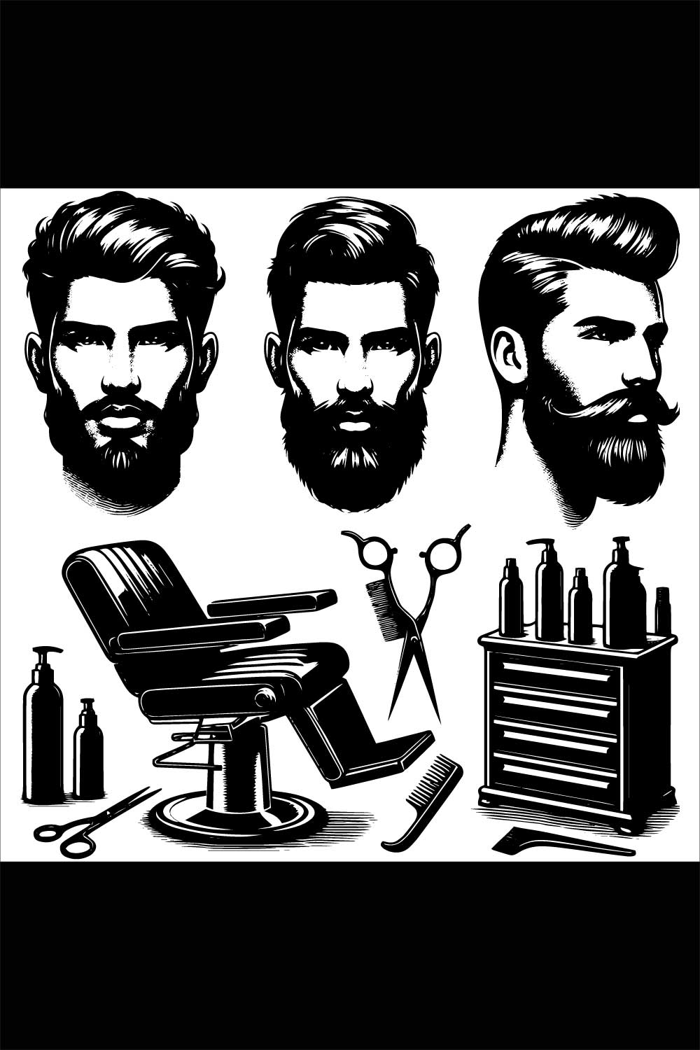 Black and white saloon equipment illustration and black and white men face illustration with stylish beard and hair on a clean white background pinterest preview image.