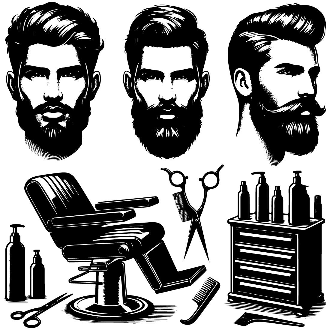 Black and white saloon equipment illustration and black and white men face illustration with stylish beard and hair on a clean white background preview image.