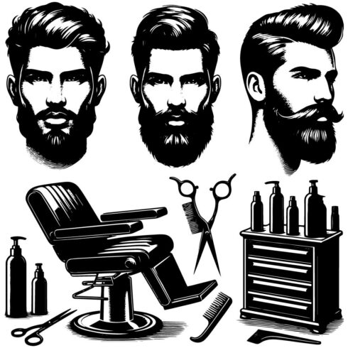 Black and white saloon equipment illustration and black and white men face illustration with stylish beard and hair on a clean white background cover image.