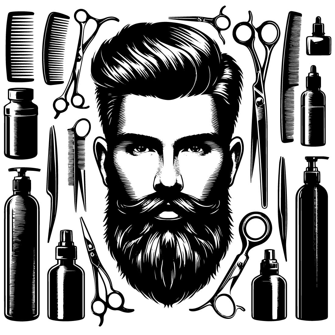 Black and white saloon equipment illustration and black and white man face illustration with a stylish beard and hair on a clean white background cover image.