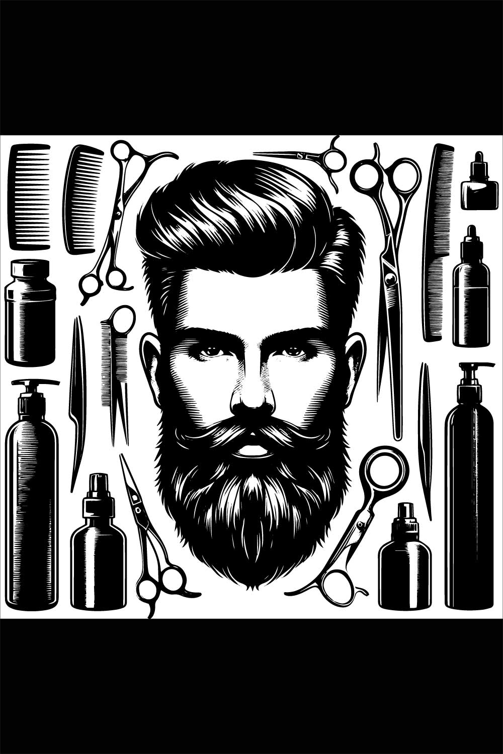 Black and white saloon equipment illustration and black and white man face illustration with a stylish beard and hair on a clean white background pinterest preview image.