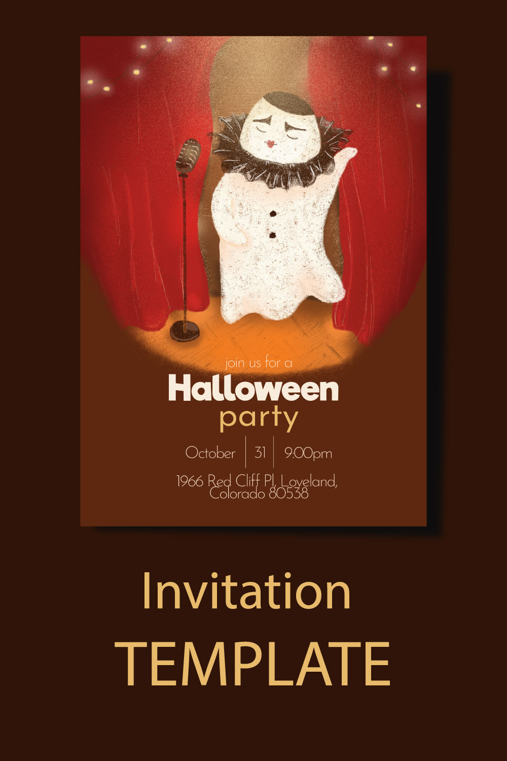 invitations to a Halloween party with a ghost pinterest preview image.