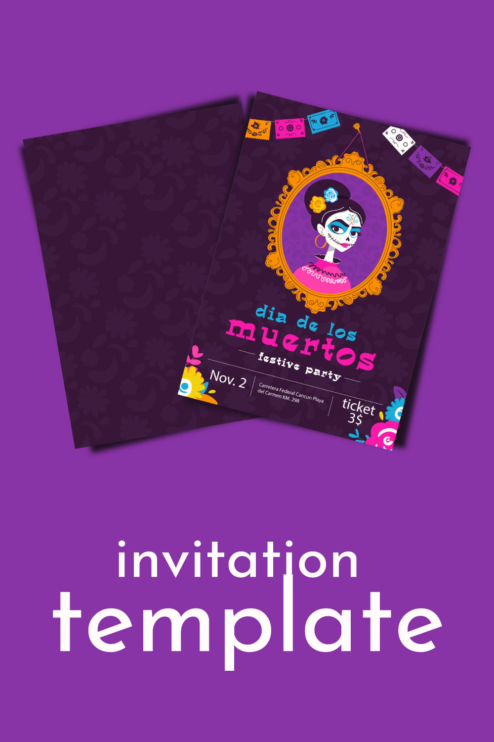 Invitation to the Day of the Dead Party Graphic pinterest preview image.