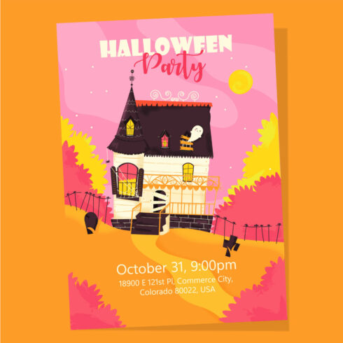 Halloween invitations with a haunted house cover image.