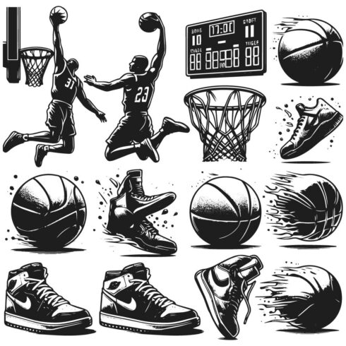 A collection of basketball-themed icons and illustrations on a white background cover image.