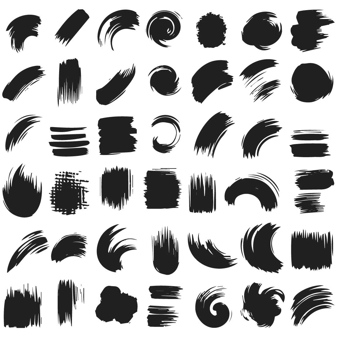 A collection of various black brushstroke textures vector in a grid pattern on a white background cover image.