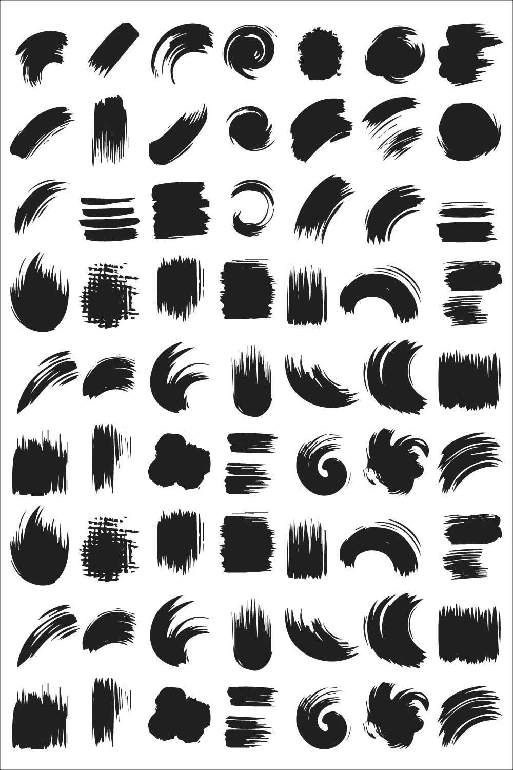 A collection of various black brushstroke textures vector in a grid pattern on a white background pinterest preview image.